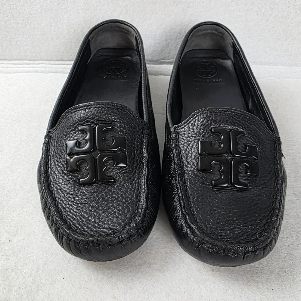 Tory Burch Ines Driver Black Pebbled Leather Loafers Tonal Logo 55810 Size 6M